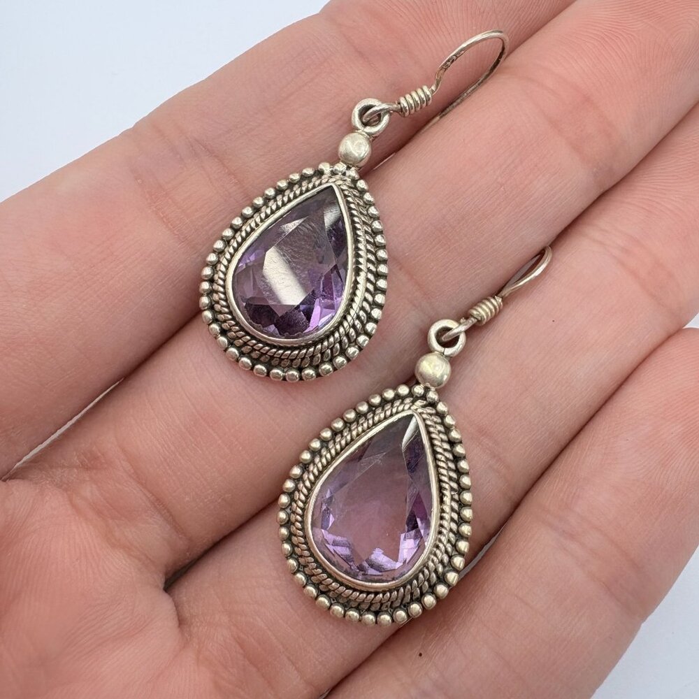 Pear Shaped Amethyst Dangle Earrings VTG Sterling Silver 925 Size 2.25" Length